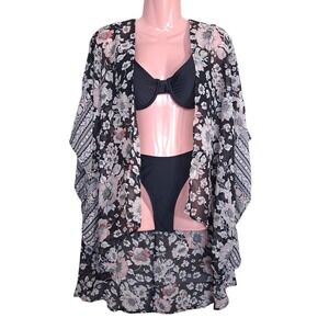 Wallflower Women's Cardigan Black/Pink Size M‎ Floral Kimono Open Cover Up Beach